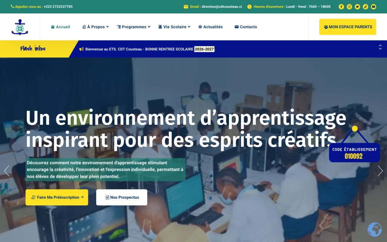 Page d'accueil du site du groupe scolaire Commandant Cousteau