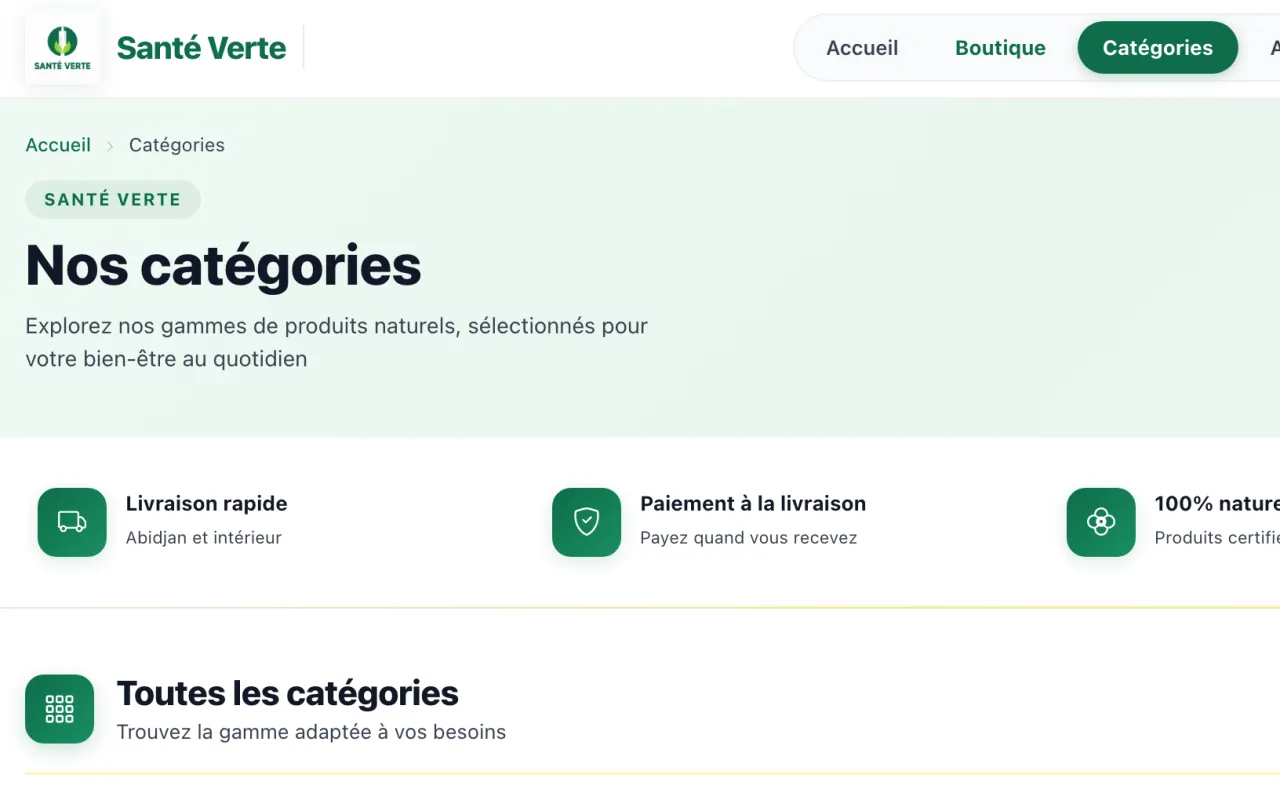 Page des catégories de la boutique en ligne Santé Verte